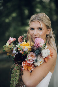 Bridal bouquet with deep plum, pink, and autumn florals by Flowergirl Cville, Charlottesville wedding florist | Photo by Abby Hart Photography