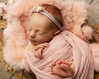 Sleeping newborn baby girl wrapped in a soft blush pink swaddle and posed on a fluffy pink blanket during a studio newborn photography session by Kaitlyn Dawn Photography.