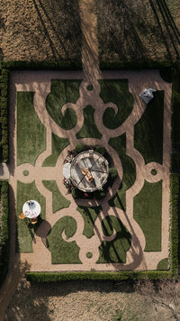 Drone aerial shot of wedding reception at Knotting Hill Place, DFW wedding venue