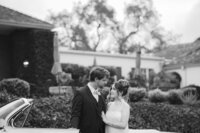 fashion bride and groom with classic car at hollins house in santa cruz