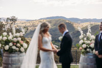 Blurred image of a bride and groom during their wedding ceremony with focus on the view in the background - mountains and the valley down to the Murrumbidgee River at Brindabella Hills Winery