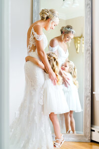 Bride and niece hugging before New Hampshire wedding