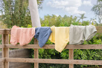 Linen shirts in the collection's colorways hung along a wooden fence in the sun