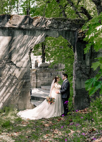 Bride and Groom taking a quiet moment at the Ruins in Hood River Oregon