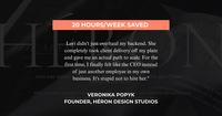 Client testimonial from Veronika Popyk, founder of Héron Design Studios: CEO Haus took client delivery off her plate and saved 20 hours a week, so she finally felt like the CEO instead of an employee in her own business