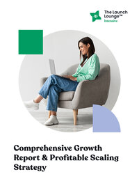 iPad mockup of text about scaling your business  and  a business woman sitting on a chair with a laptop.