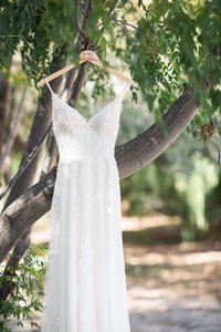 Bride's wedding gown hangs from a tree