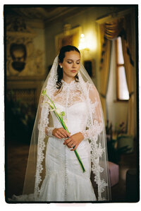 Bride in her beatiful dress posing in Lobkowicz Palace in Prague