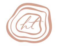 Branded icon with simple tree rings and initials HT in a script font