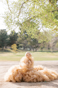 Woman seated outdoors in a voluminous ruffled couture gown, captured in a soft, sunlit park setting with trees and greenery, creating a dreamy fine art fashion portrait.