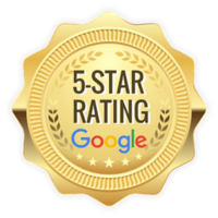 gold badge with the text 5-star rating Google