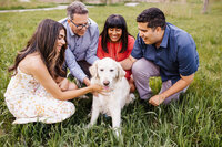 In a lush, grassy field at Evergreen Brickworks, four people kneel, their attention fully captured by a joyful golden retriever. They appear content and engaged with the dog, embodying the moment's serene beauty—a scene perfectly captured by a talented Toronto family photographer.