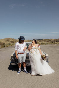 Elopement photographer in Christchurch capturing a classic car