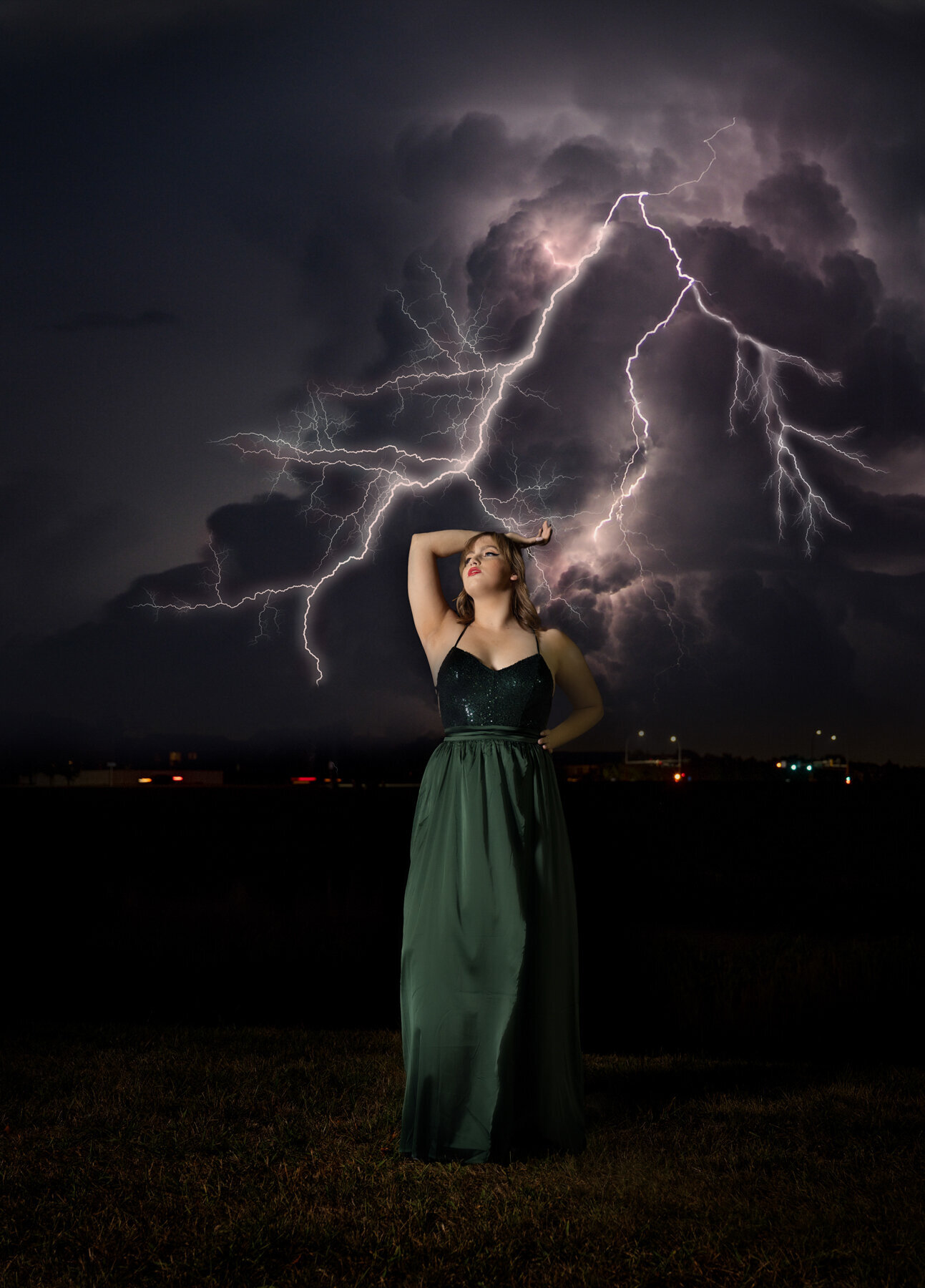 Eden Prairie Minnesota high school grad photo of girl in prom dress with lightning