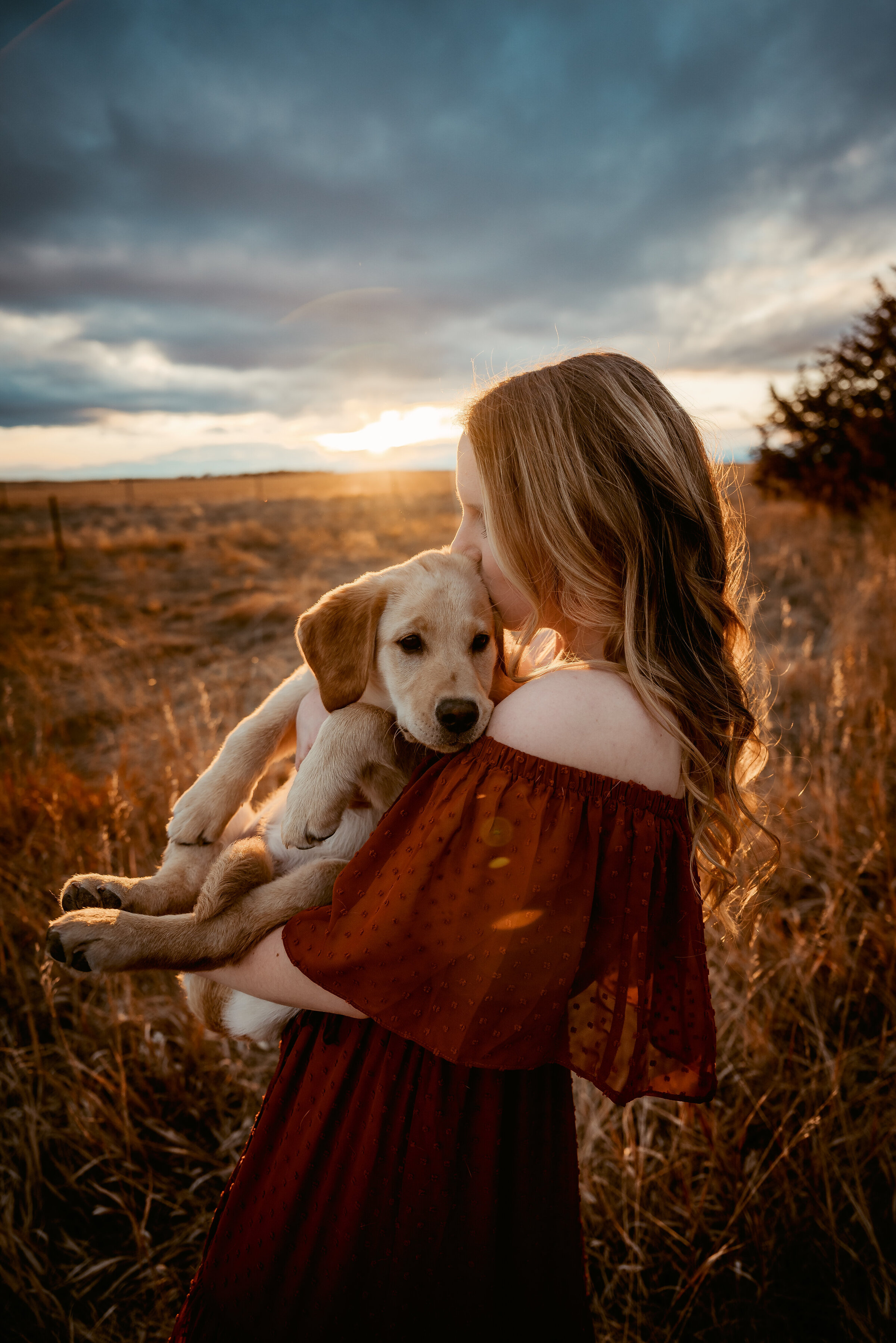 Girl hold young golden lab puppy in arms and kisses it while wearing off the shoulder rust colored dress at sunset