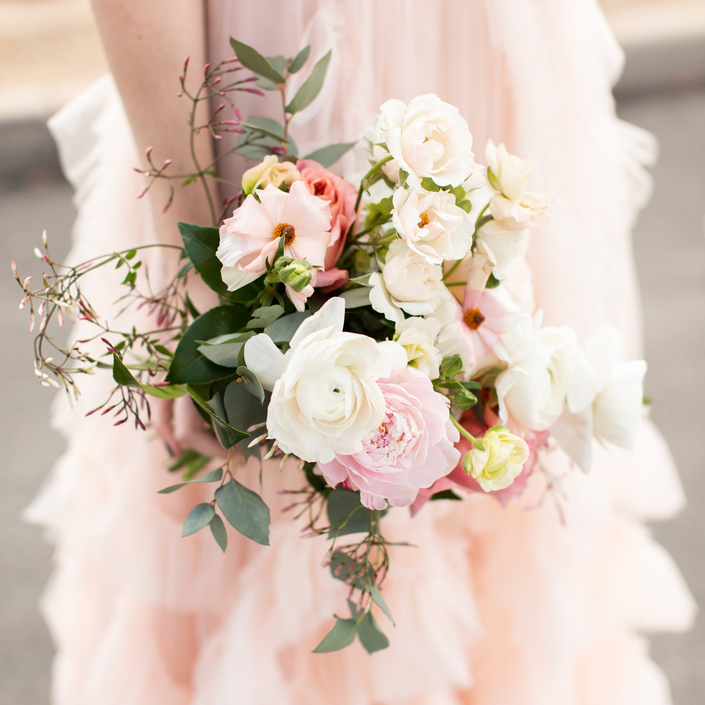 blush pink bridesmaid bouquet dress