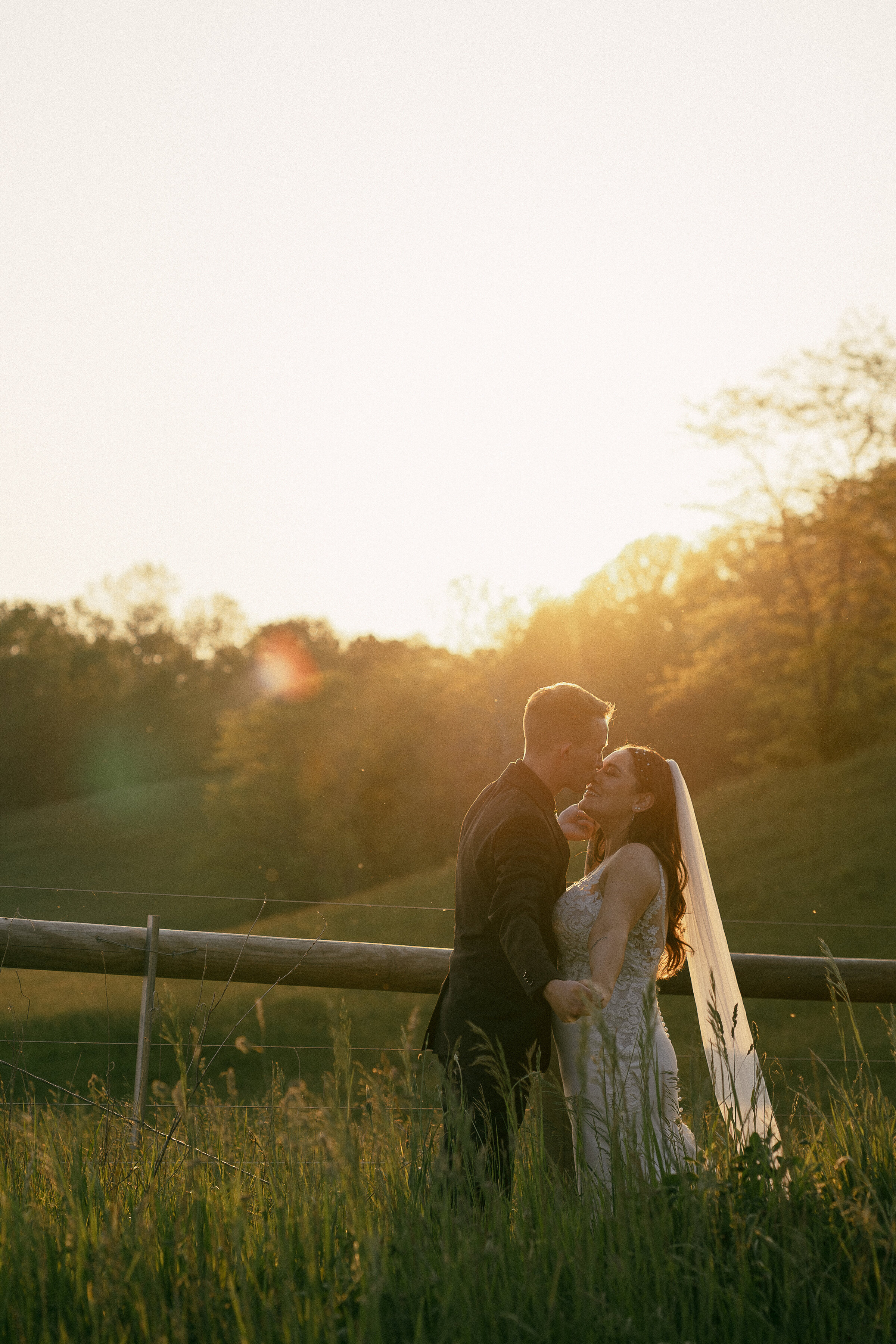 Bride and groom kissing in a field at sunset with a warm backlight.
