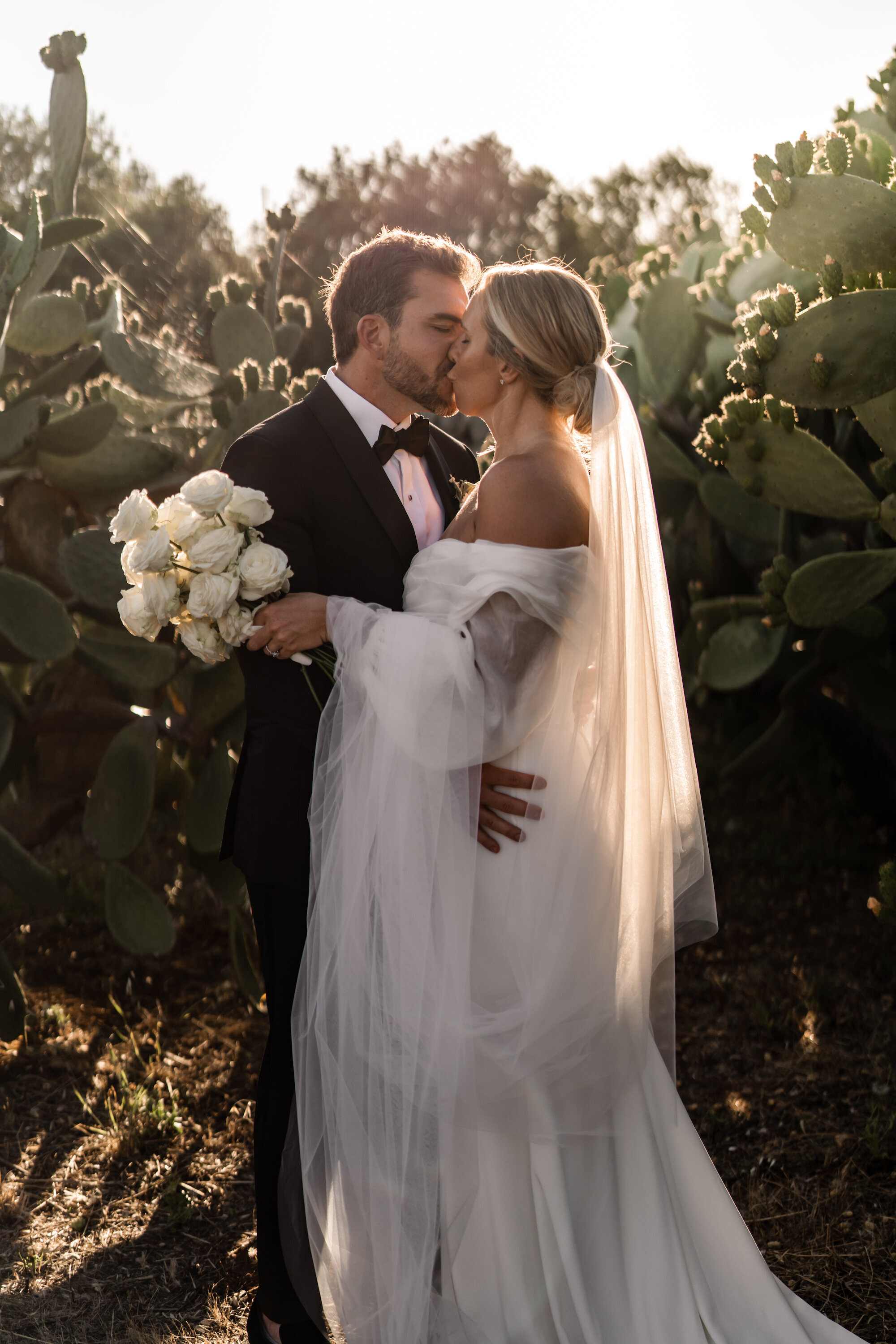 Bride and groom kiss next to prickly pear plants in Ostuni. Bride is holding a bouquet of only white roses