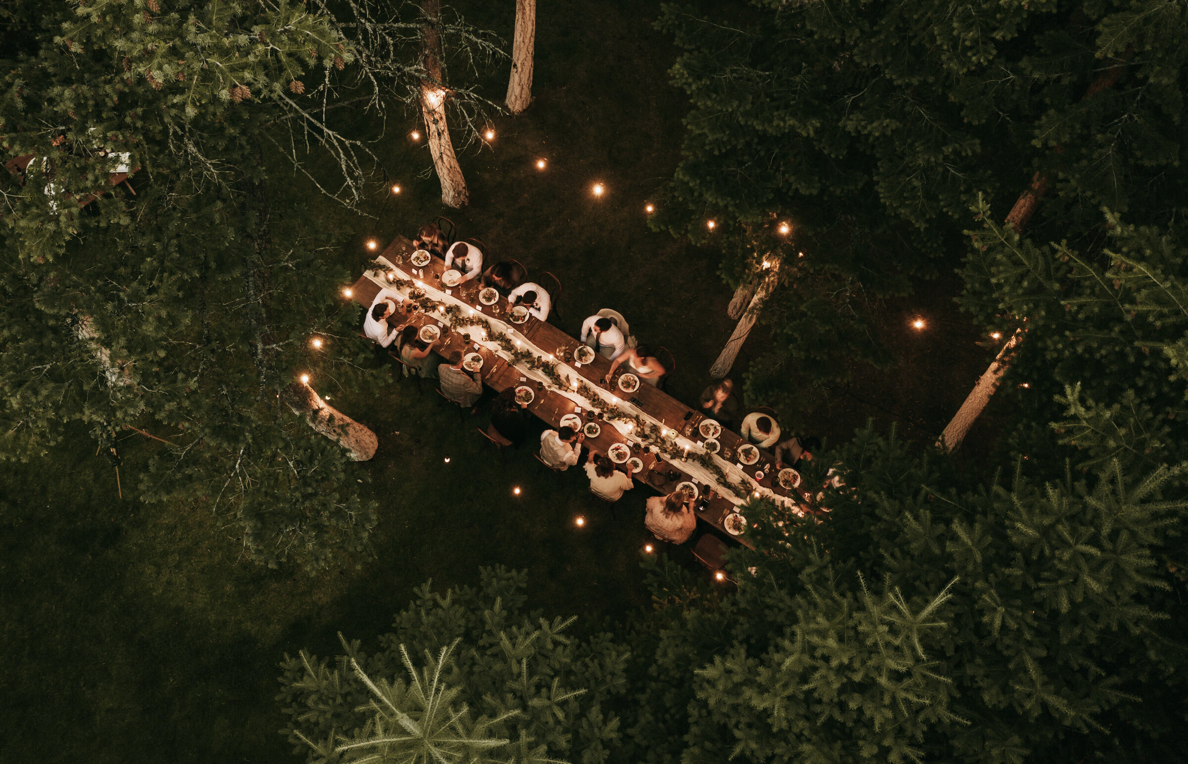 A whimsical elopement dinner shot from above with twinkling lights and trees.