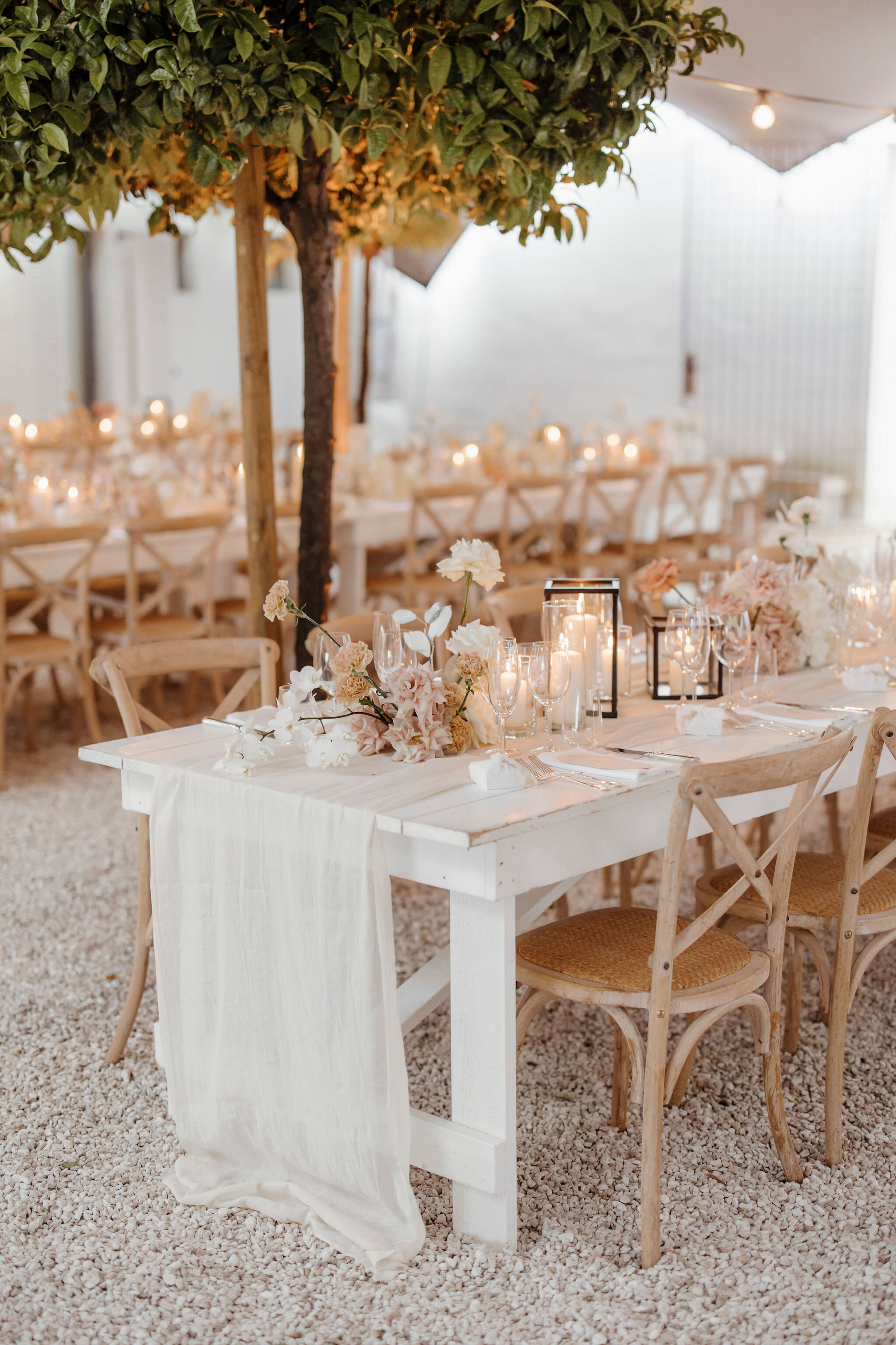 Wedding tables under a marquee of Masseria Moroseta. The table  is naked, covered by a gauze runner, with blush and white minimalist flowers, black frame lanterns and pale brown cross back chairs