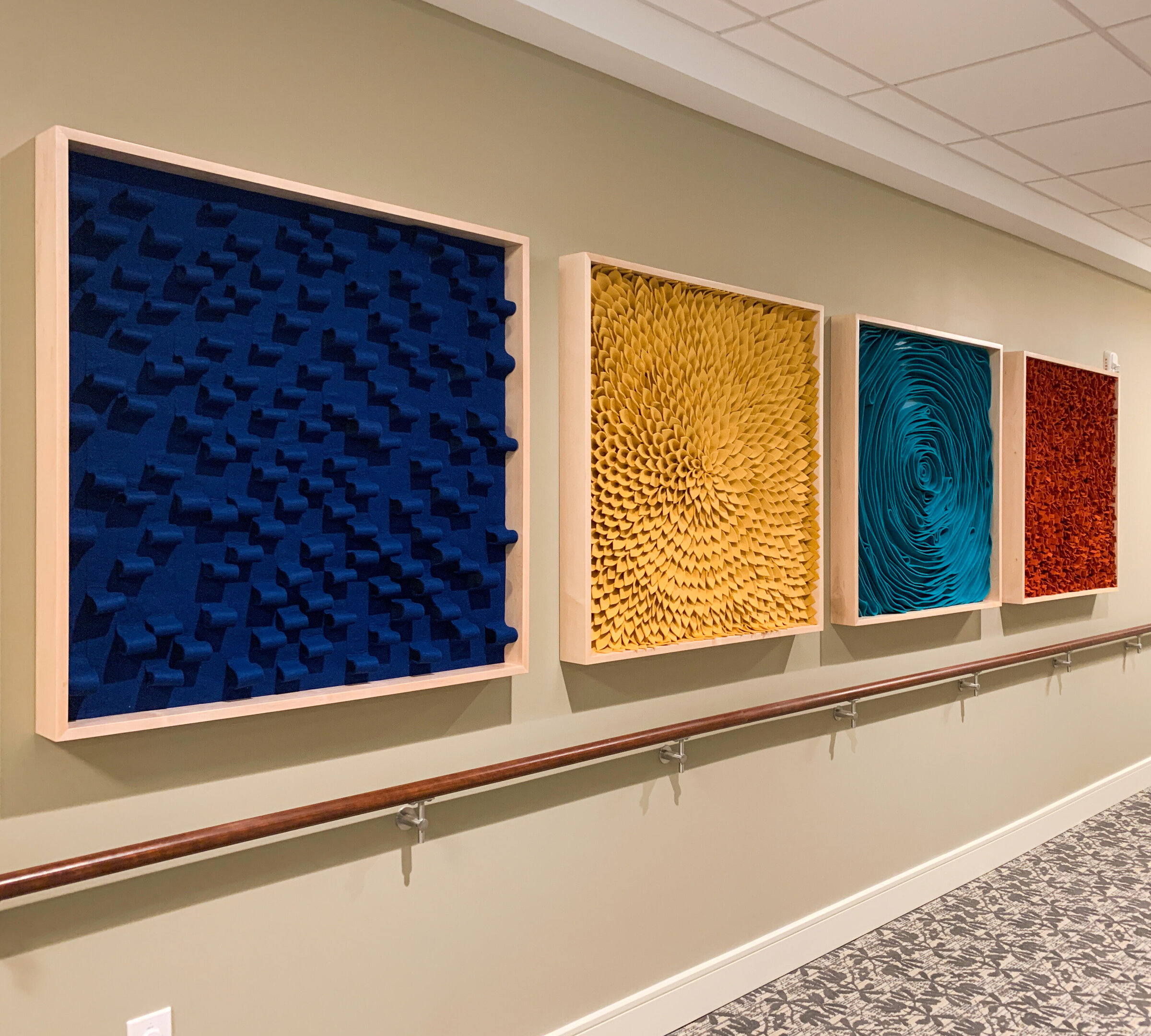 Emily Mann, Ink and Indigo, Custom Dimensional Textile Wall Art Series, wool felt in maple shadowbox frame, 8 at 40" x 40", 3 at 60" H x 24" W--8