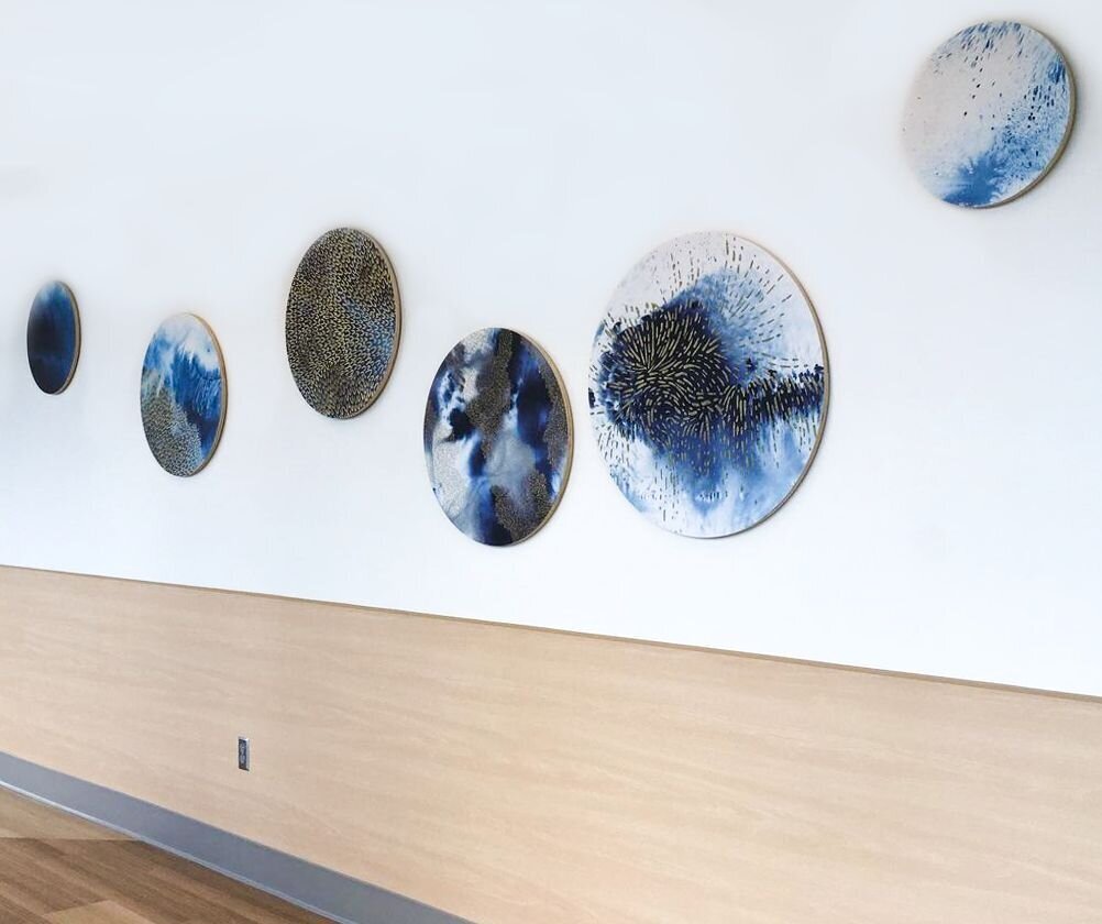 Emily Mann, Ink and Indigo, installation view of Indigold Series from licensing line, printed on circular panels in a range of sizes-Edit
