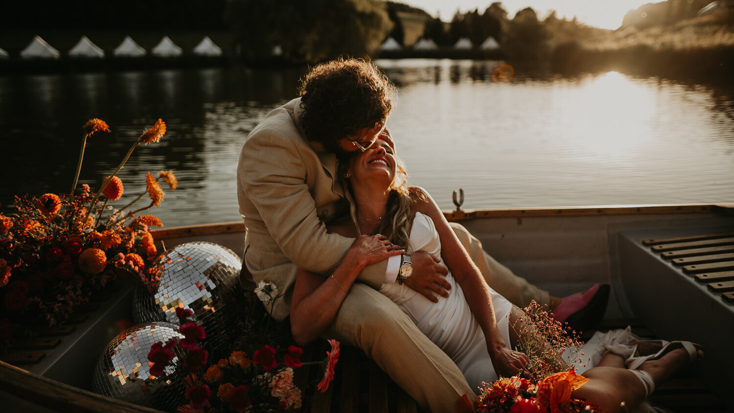 Boho couple in the boat at Hadsham Farm in Banbury