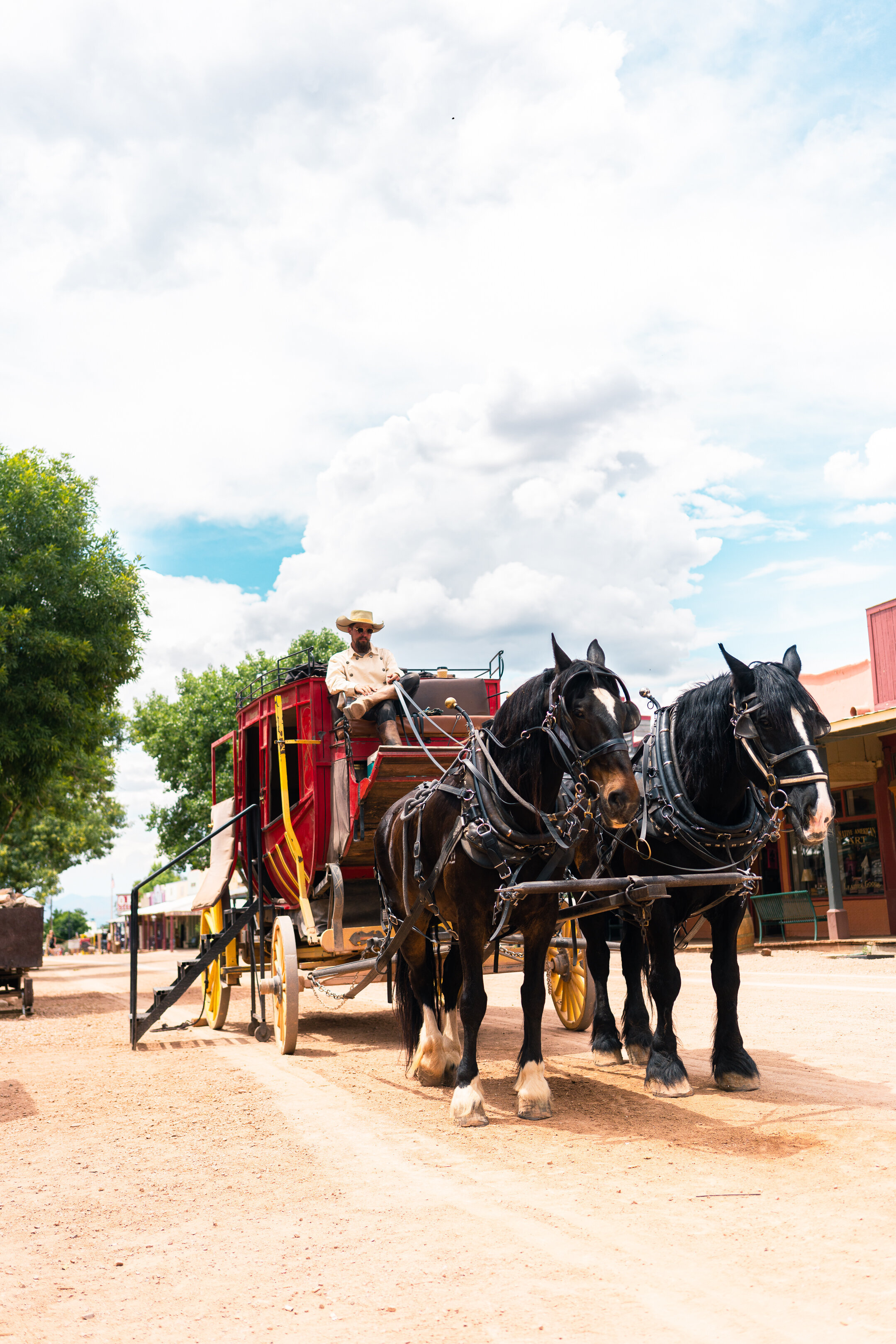 A horse-drawn carriage on a dirt road with buildings and trees in the background.