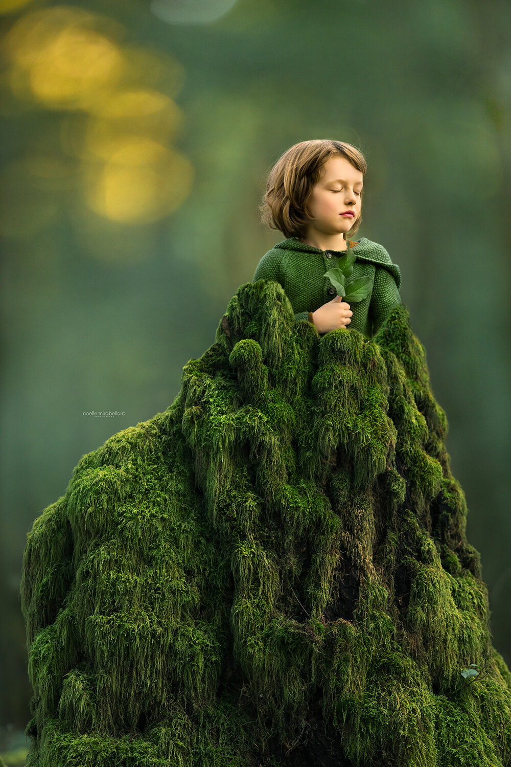 Boy dressed in green standing on a mossy stump.