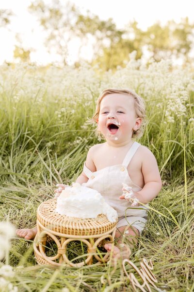 One-year-old smashes cake in Minnesota field for family photo mini-session