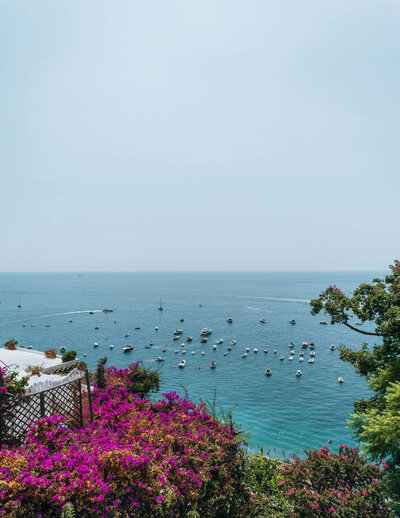 A scenic coastal view shows a vibrant blue ocean dotted with boats. In the foreground, bright pink bougainvillea flowers and green foliage frame the ocean scene under a clear sky.