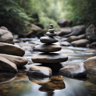 Rocks balanced in creek in forest.