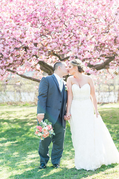 Bride and groom kiss under cherry blossom trees outside the Sterling Ballroom