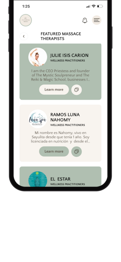 Mobile screen of the EnForma San Miguel De Allende app displaying featured wellness practitioners, including profile previews and service descriptions for yoga, massage, and holistic healing