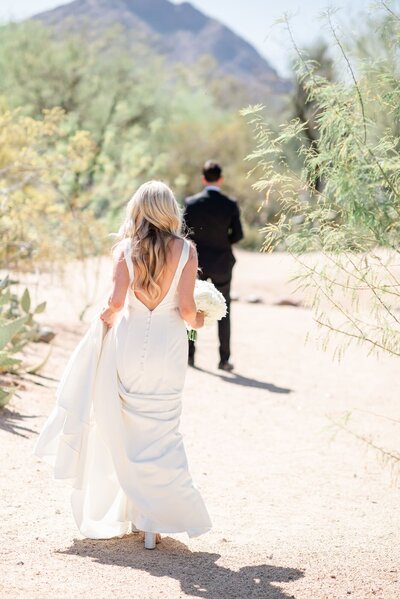 Andaz Scottsdale Wedding desert path bride and groom first look