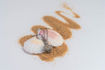 Necklace in the shape of a shell with pearl inside laying on top of sea shells and sand