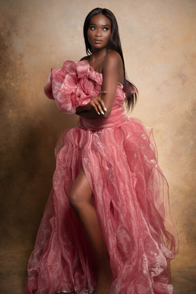 Glamour photoshoot session.  Pink gown. Texas photography studio