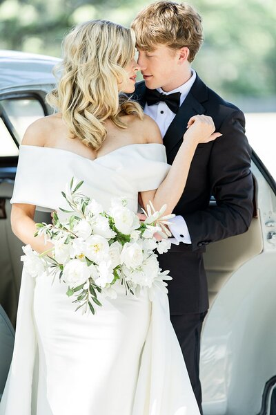 Bride and groom walk up memorial steps at their DC wedding