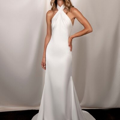 halter wedding dress in satin with open back