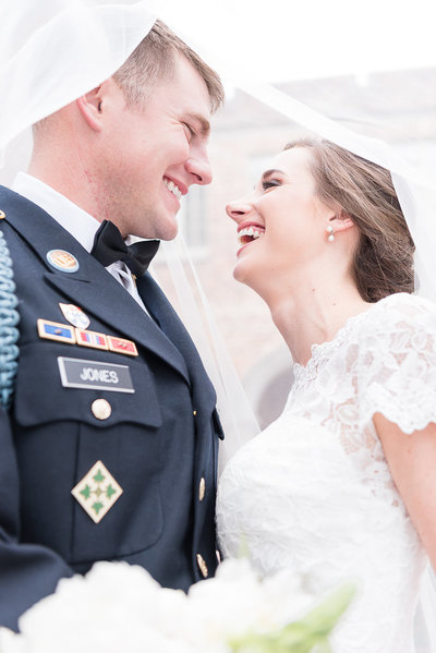 Laughing Bride and Groom - Military Wedding - Under the Veil