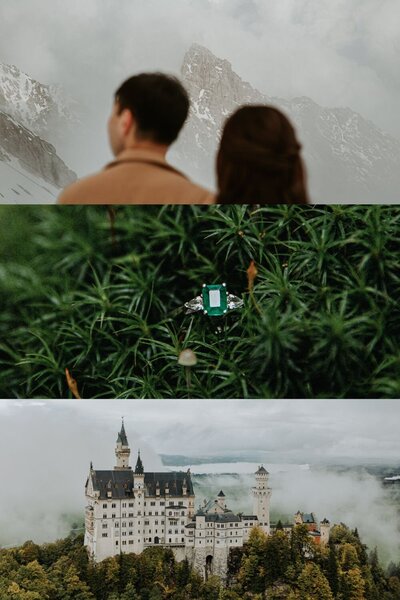 Photo collage of eloping couple on top of the Zugspitze, an emerald wedding ring sitting on moss and castle Neuschwanstein on a misty fall morning