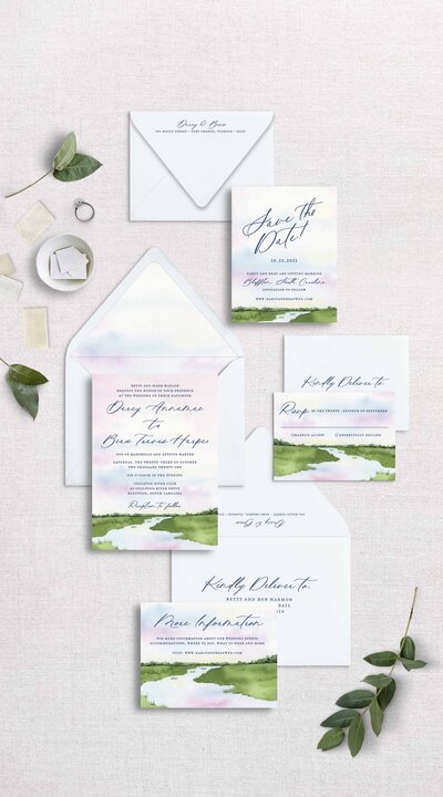 wedding invitations for southern wedding featuring low country sunset
