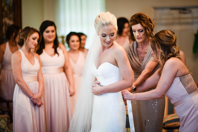 Bridemaids and Mom get Bride dressed at First Presbyterian, Biloxi, MS