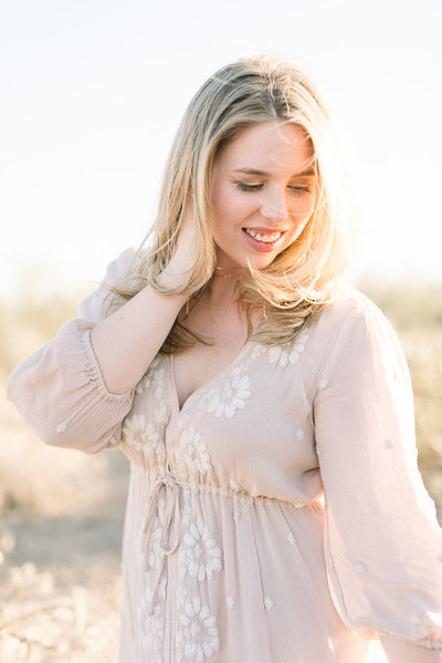 Tucson Desert Engagement Session Photo at Gates Pass of Girl Wears Blush Pink Dress | Tucson Wedding Photographer | West End Photography