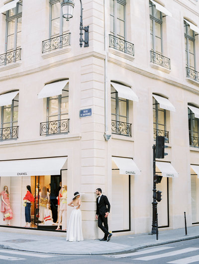 Bride and Groom outside Chanel Store in Paris