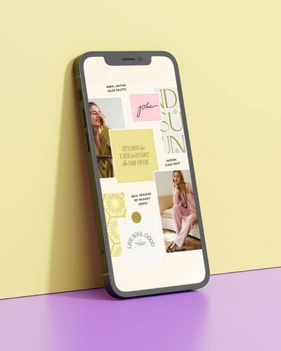 Smartphone mockup showing colorful brand design with photos, quotes, and typography