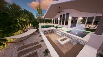 Petite and unique backyard design with pool and sunken firepit.