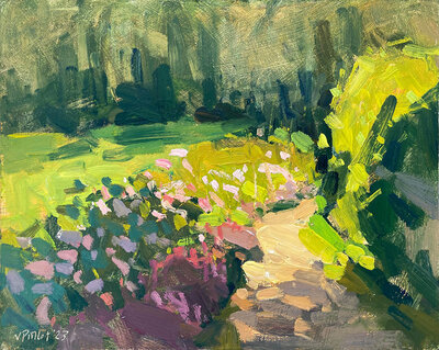 Plein air painting of a sunlit path in Widcombe by artist Valérie Pirlot.