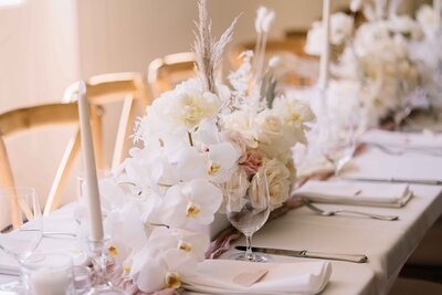 Orchid & Candle Centerpiece Tablescape - Mikayla & Mario | Harmony Meadows Wedding - Lake Chelan Wedding