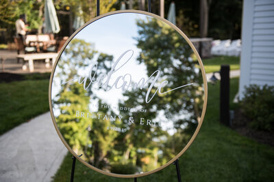 Photo of the Welcome Sign Mirror that you can rent for your event/wedding from Unique Melody Events & Design (New England Wedding and Event Planners)